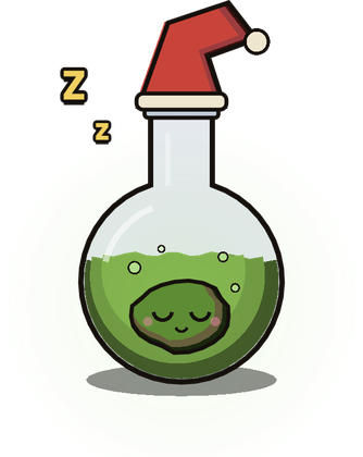 A lab flask in a nightcap, with something asleep in the green brew