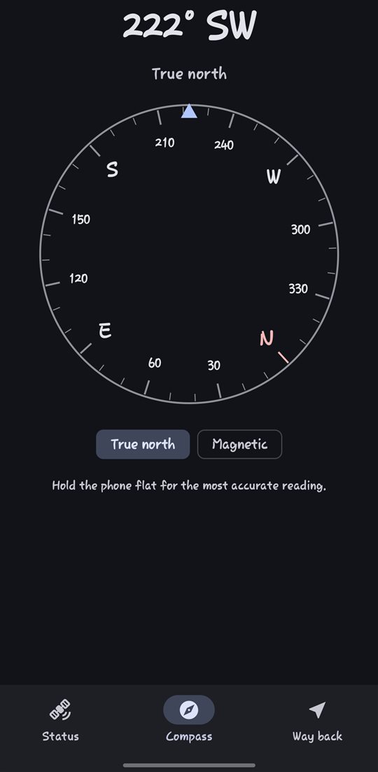 Homing compass screen showing 222° south-west, true north